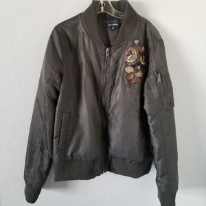 Green Bomber Jacket with Rose Embellishments